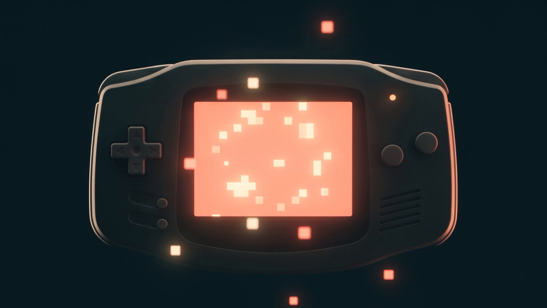 A handheld console with a glowing coral screen, floating in a dark studio